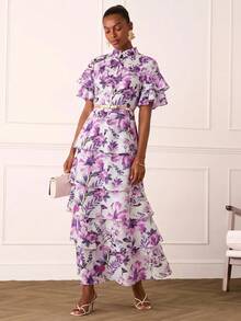 Lilora Women's Elegant Casual Celestial Romantic Floral Ruffle Dress Wedding Party Garden Tea Party Day Purple And White Summer - Purple - View 4