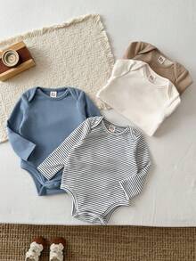 Cozy Pixies Newborn Baby Girl & Boy Autumn/Winter Cute Solid Color Long Sleeve Romper 4pcs -Piece Set, Knitted Soft Round Neck Striped & Solid Color Multi-Piece - Multicolor - View 5