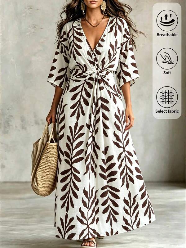 SHEIN LUNE CURVE Plus Size Women's New Fashion Floral Print Dress, V-Neck, Waist Cinched, A-Line, Side Pockets, Short Sleeve, Loose, Dropped Shoulder, Grape Color, Summer Women's Dress, Beach Dress, Fashion Women's Dress, Summer Women's Clothing, Summer Vacation Outfit, Dress With Shoulder Straps, Printed Dress, Dropped Shoulder Dress, Side Pocket Dress