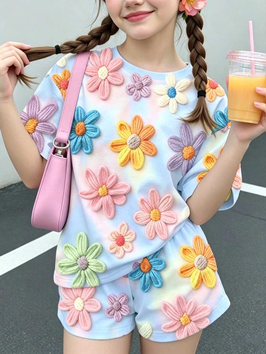 少女休閒極簡可愛紋理花卉紅色復古風圓領短袖T恤寬鬆短褲兩件套夏季套裝 - 彩色 - 查看 1