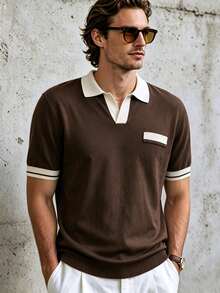Manfinity Dauomo Atasan Rajut Kasual Lengan Pendek Bergaris Patchwork untuk Pria - Coffee Brown - View 4