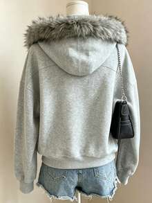 Lalippa Sweatshirt Lengan Panjang Wanita dengan Kerah Bulu dan Motif Patchwork, Kasual, Serbaguna untuk Pemakaian Sehari-hari - Grey - View 2