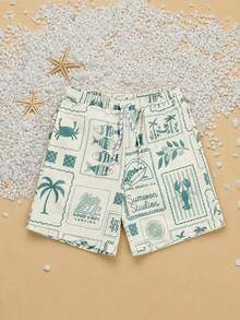 SUMWON Boys Tween Swim Shorts With All-Over Tropical Stamps Print Drawstring Waist Summer Beach Vacation Swimwear - Green - View 1