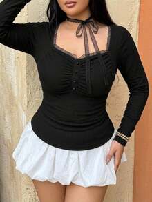 REIGN AVE Plus Size Women Solid Color Fitted Lace-Up Long Sleeve Cropped T-Shirt, Spring/Autumn - Black - View 11