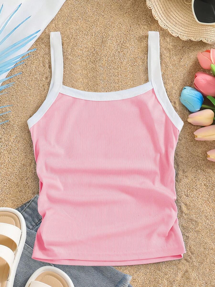 SHEIN Big Girls Pink Contrast Trim Fitted Camisole Tank Top, Casual Basic Style For Daily And Back To School Wear - Pink - View 1
