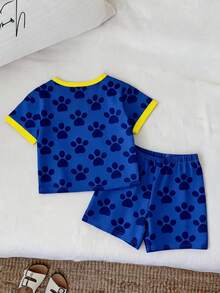 SHEIN | PAW Patrol 男嬰圓領卡通印花短袖上衣與短褲休閒日常居家睡衣套裝 - 彩色 - 查看 2