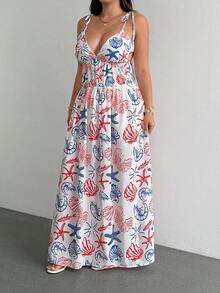 SHEIN SunnyBelle Elegantes Damen-Maxikleid in Große Größen für Strandurlaub mit Muschel- und Schnecken-Blumenprint, geraffter Taille, Spaghettiträgern und Bindeband - Blau-Weiß - Übersicht 3