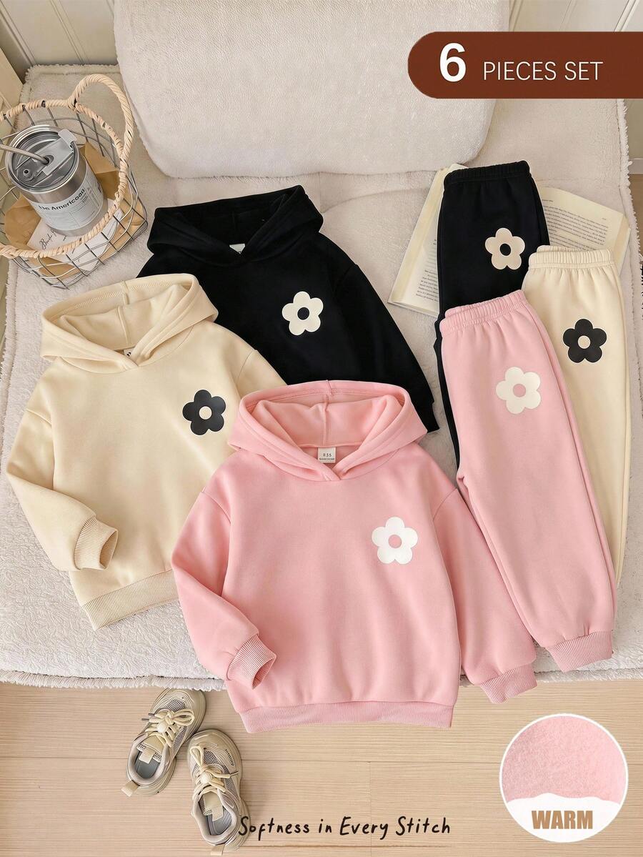 Cozy Pixies 女嬰 T-shirt 套裝 針織女嬰秋冬款 可愛純色米色粉色黑色可愛花卉圖案連帽衛衣彈性腰長褲 6件套買1送3適用秋冬基礎款舒適可愛 - 彩色 - 查看 1