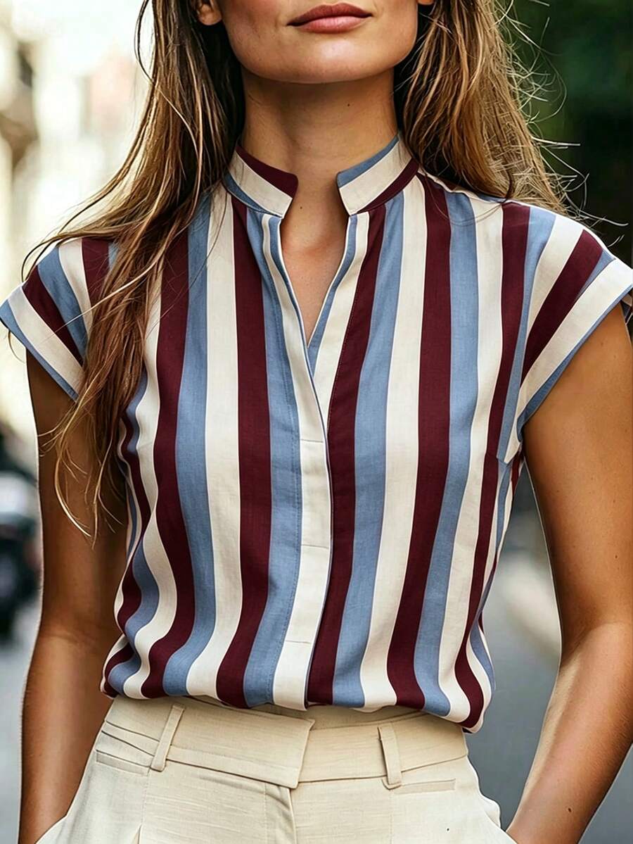 SHEIN Women's Summer Casual Striped Shirt - Burgundy - View 1