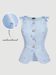 SHEIN MOD Chaqueta Chaleco con Lazo Bordado en el Hombro para Mujer Talla Grande en Otoño/Invierno - Azul - Ver 6