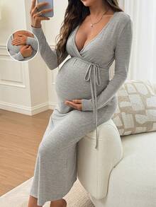 Slowluna Maternity Solid Color Overlap V-Neck Long Sleeve Waist Tie Nursing Dress Fall - Grey - View 2