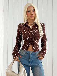 SHEIN EZwear 棕色編織波點女款休閒襯衫 - 咖啡棕 - 查看 5