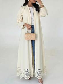 Yasmyna 女款杏色梭織長袖刺繡花卉蕾絲燒花A字版型優雅浪漫長袍 - 杏色 - 查看 6