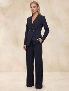 QUIZ Marineblau Nadelstreifen Plissee Weite Beinhose mit Knopfverschluss, maßgeschneiderte Anzughose, elegante Arbeitskleidung, formelles Event-Outfit, schicke Bürokleidung für Frauen - marineblau - Übersicht 5