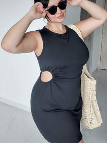 Hourglow Plus Size Black Knitted Sleeveless Dress, For Hourglass Body Shape - Black - View 4