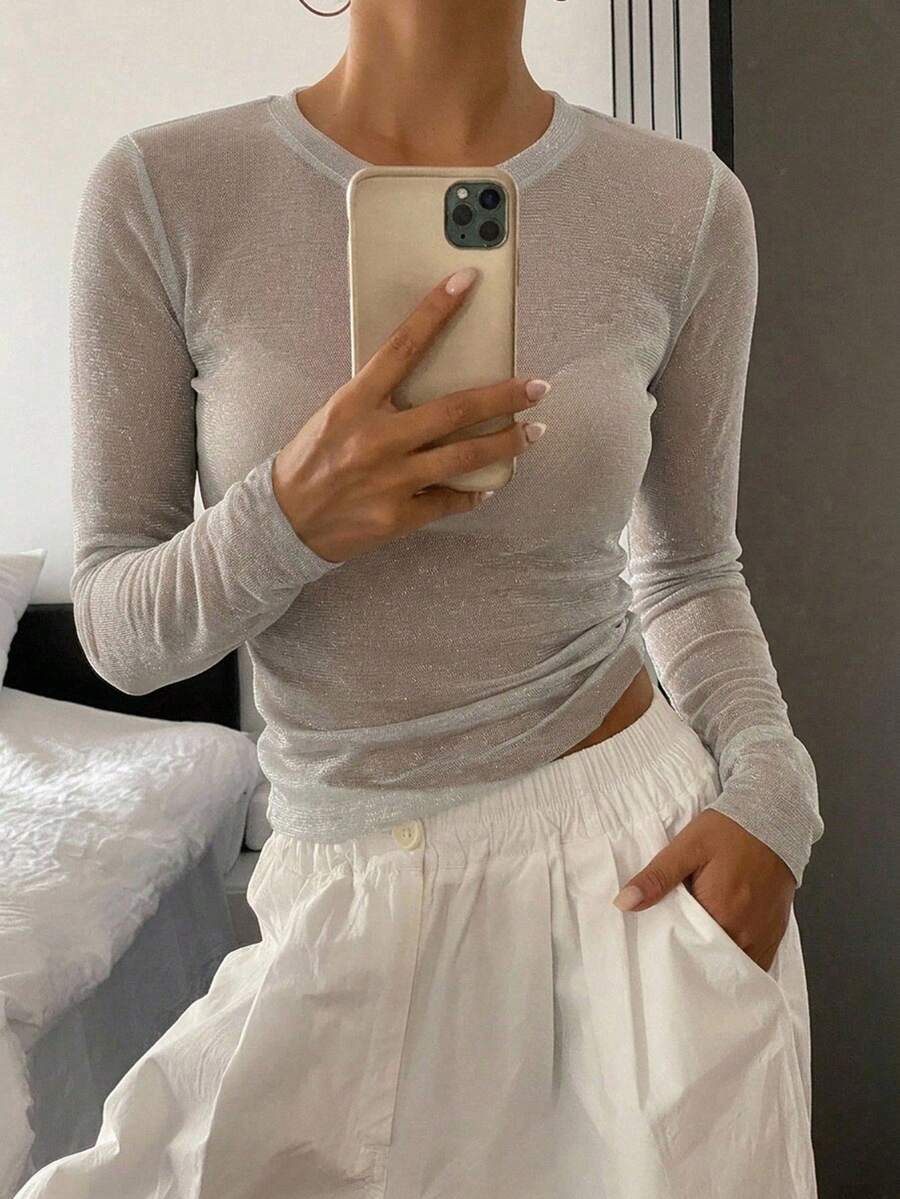 DAZY 女款素色圓領長袖性感修身上衣 - 銀色 - 查看 1