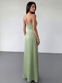 Firerie Women's Pleated Deep V-Neck Slit Front Bridesmaid Dress With Spaghetti Straps (Adult) Elegant Dress Wedding - Mint Green - View 4
