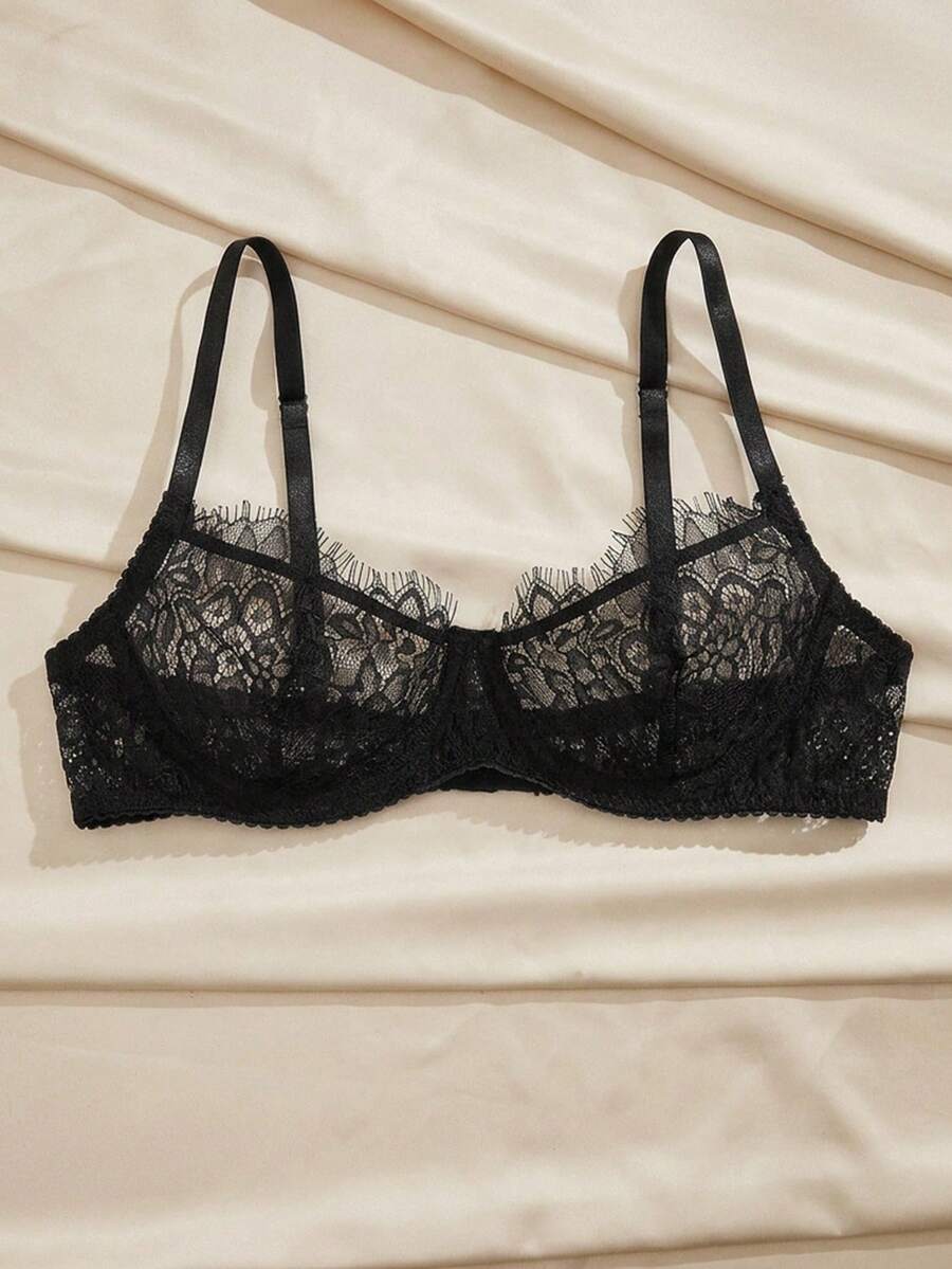 Charlaine French Sexy Eyelash Lace Bra, Women's Lingerie For Daily Wear And Parties, Single Piece - Black - View 1