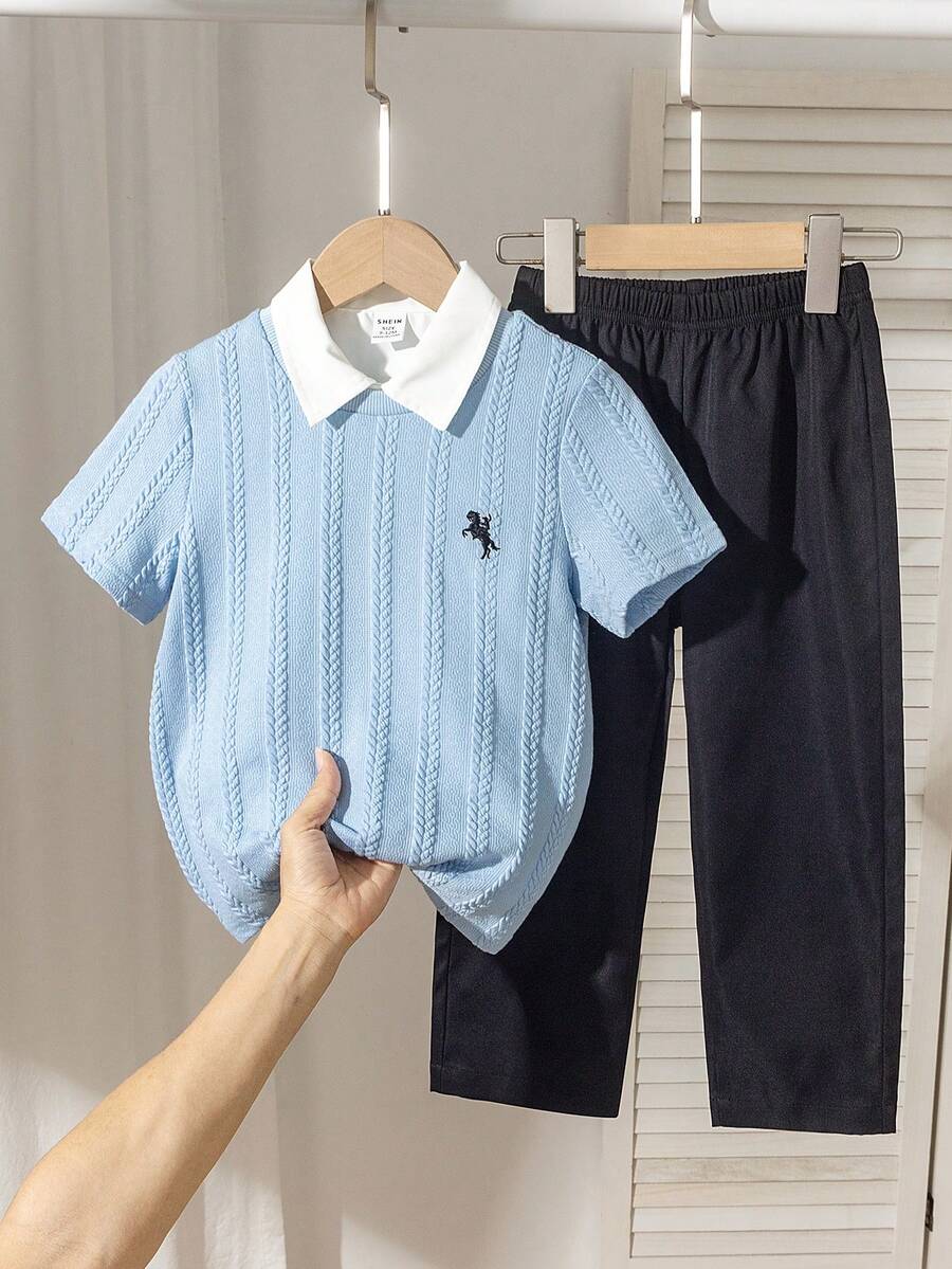 2pcs/Set Boys Outfit, Textured Navy Blue Knit Sweater With Small Black Embroidered Pattern On Left Chest, Khaki Pants, Suitable For Commuting, Casual Wear, Spring/Summer - Multicolor - View 1