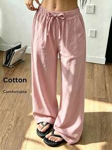 SHEIN 青少年女孩春/夏海灘度假休閒日常居家穿搭 百搭 100%純棉 純棉梭織舒適素色寬鬆長褲附口袋 - 粉色 - 查看 4