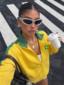 Muchica 女款休閒巴西配色拉鍊運動衫，黃綠配色，巴西運動衫，巴西印花，休閒，街頭風，時尚，世界盃服飾，街頭風格，適合日常通勤，約會，派對，秋冬春夏，聖誕節，新年，感恩節，派對，婚禮，海灘，畢業，時尚，優雅 - 彩色 - 查看 10