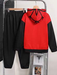 SHEIN 兒童 2 件組青少年男孩休閒舒適秋季新品街頭風蜘蛛網圖案與超級英雄圖案長袖連帽衛衣套裝，適合秋冬日常穿著、運動、外出、學校、派對、節日、拍照 - 彩色 - 查看 2