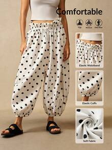 VARSIVA Pantalones de mujer con patrón de lunares, cintura con cordón y pierna entallada - Blanco y Negro - Ver 9