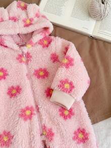 SHEIN LMoss Kids 新生女嬰可愛秋冬款毛茸茸花卉圖案長袖連帽連身衣 - 彩色 - 查看 4