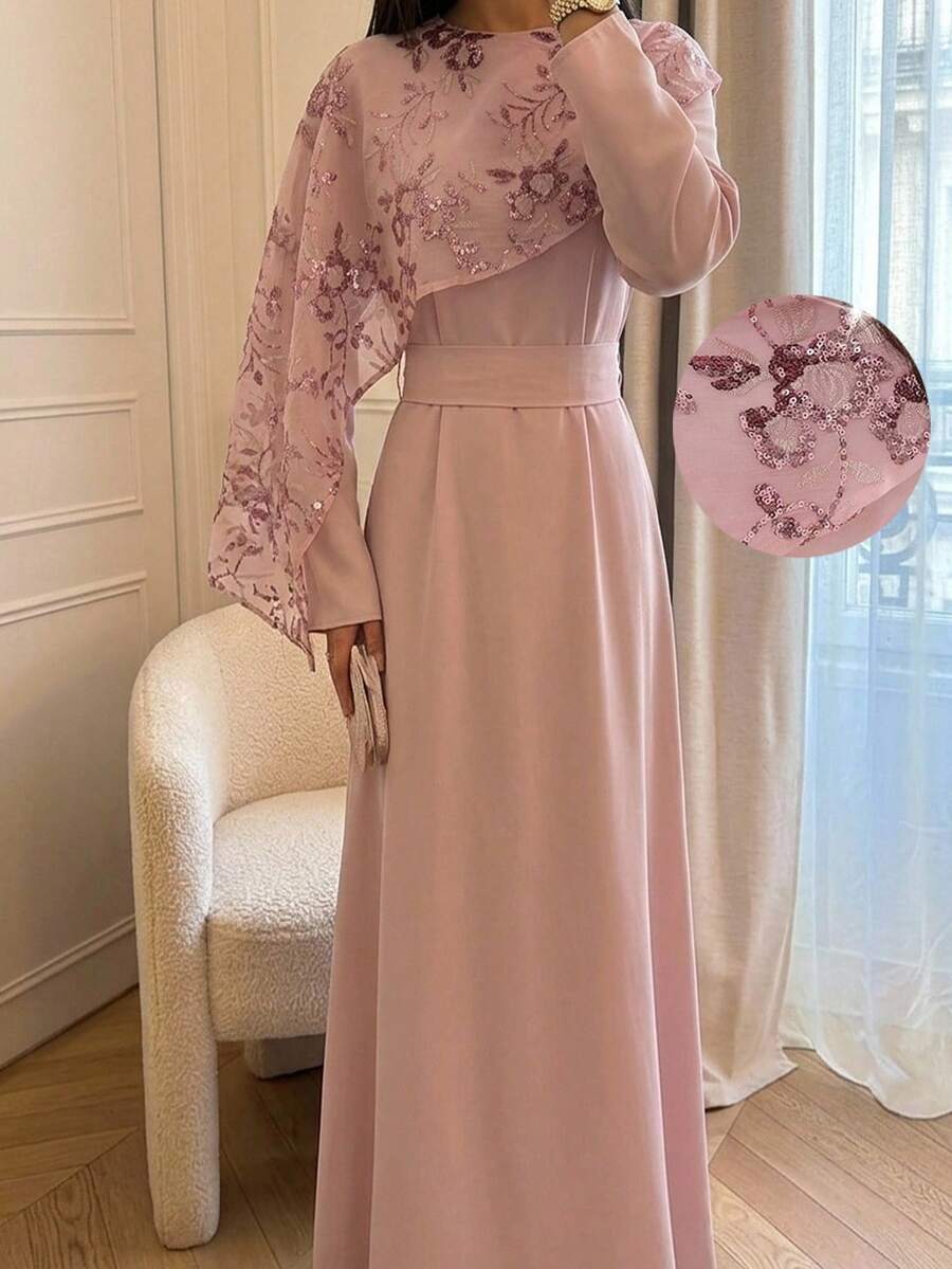 Veilorie Vestido de fiesta árabe elegante para mujer con diseño de chal, patrón floral de lentejuelas y cintura ceñida