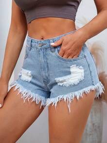 SHEIN PETITE 夏季休閒破洞牛仔短褲，毛邊下擺 - 淺色水洗藍 - 查看 5