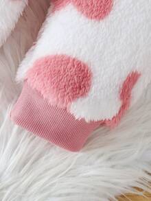 SHEIN Vintaside Kids 嬰兒毛絨套裝，加厚珊瑚絨連帽套裝附袋，可愛粉色與白色條紋愛心設計，秋冬家庭親子搭配校園風 - 白色 - 查看 10