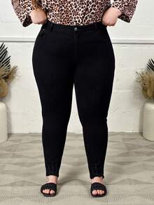 Hourglow Plus Size Solid Color Skinny Denim Jeans With Pockets, For Hourglass Body Shape Casual - Black - View 5