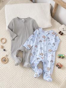 SHEIN Vintaside Kids 2件組新生兒居家服套裝，四季適用，灰色花卉羅紋棉布，可愛淺藍色汽車印花連身包屁衣 - 藍色 - 查看 3