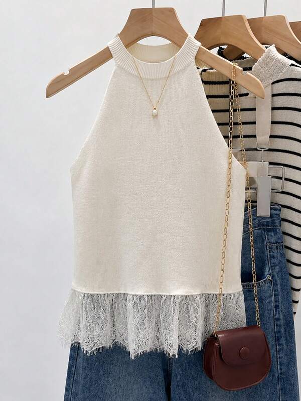 SHEIN Franclia New Summer Casual Versatile Daily Wear Concert Street Style, Halter Neck Knit Top, Sleeveless Knit Top, Beige Pullover Top, Lace Patchwork Knit Top, Solid Color Knit Top