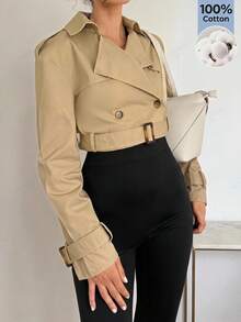 SHEIN EZwear 純色腰帶翻領短款風衣 - 卡其色 - 查看 9