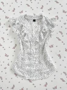 SHEIN Unity 春/夏 Y2K 透視荷葉袖荷葉邊飾 V 領收腰前開扣女式襯衫 - 白色 - 查看 1