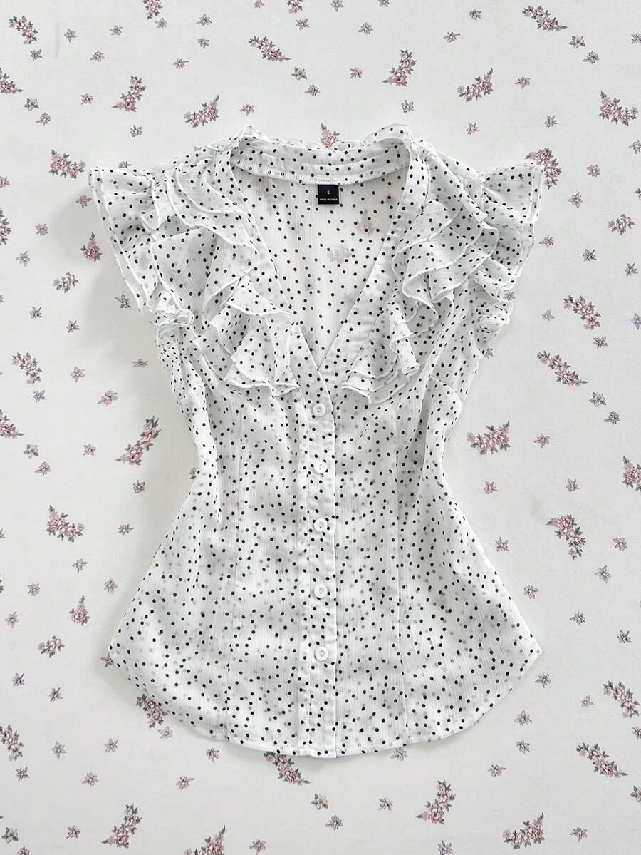 SHEIN Unity 春/夏 Y2K 透視荷葉袖荷葉邊飾 V 領收腰前開扣女式襯衫 - 白色 - 查看 1