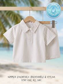 SHEIN 2件組男嬰休閒端莊熱帶條紋白色短袖柔軟 Polo 衫短褲套裝 夏季服飾 海灘度假派對度假穿搭 - 灰色 - 查看 12