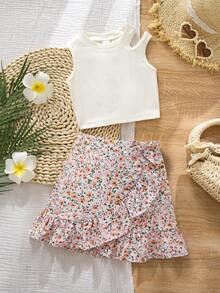 Emery Rose Kids Emery Rose Kids 少女純色圓領無袖T恤與花卉荷葉邊裙時尚套裝 - 粉色 - 查看 4