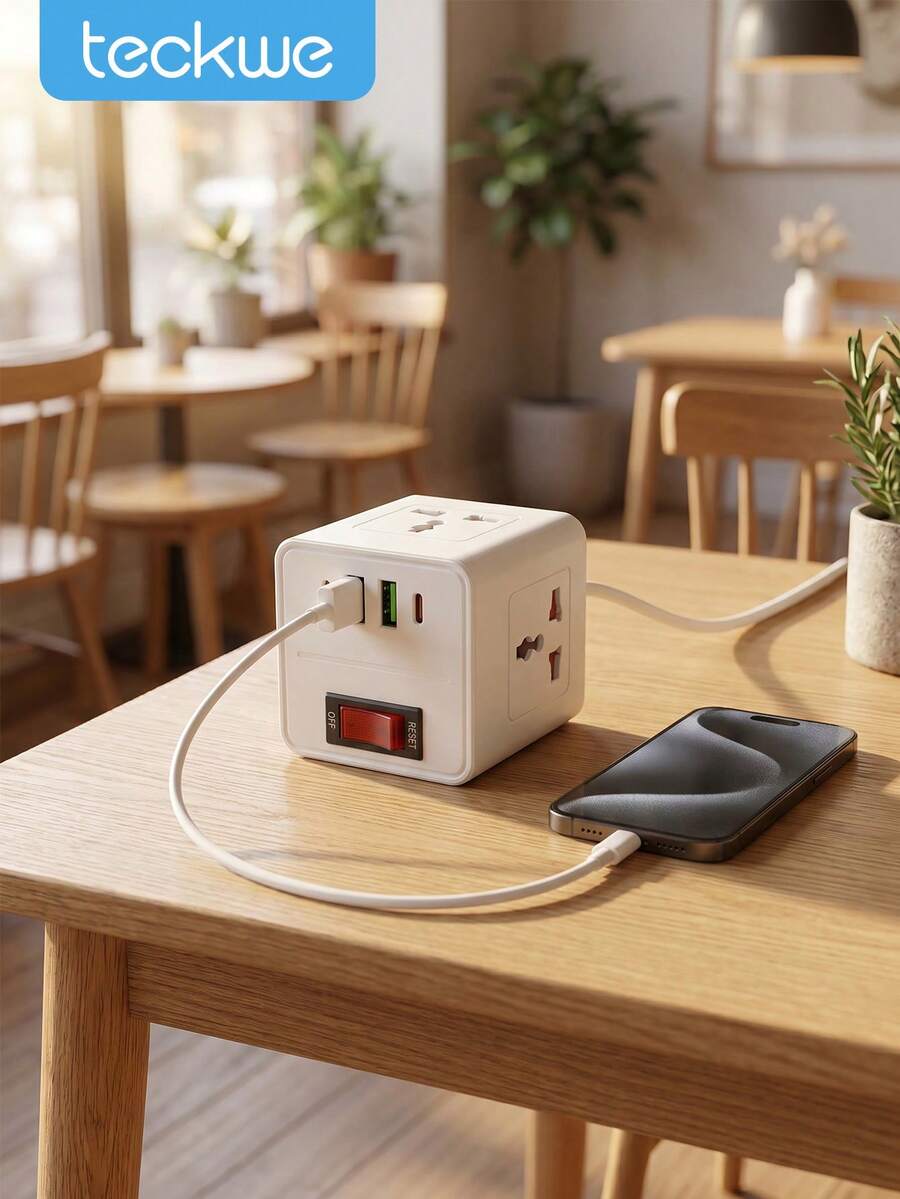 Teckwe 1個極簡白色方塊電源接線板,耐火PC塑料,3個AC插座與4個USB連接埠(2個Type-C + 2個USB-A),快速充電桌面充電站,過載保護附重置開關,省空間緊湊設計 - 白色 - 查看 1