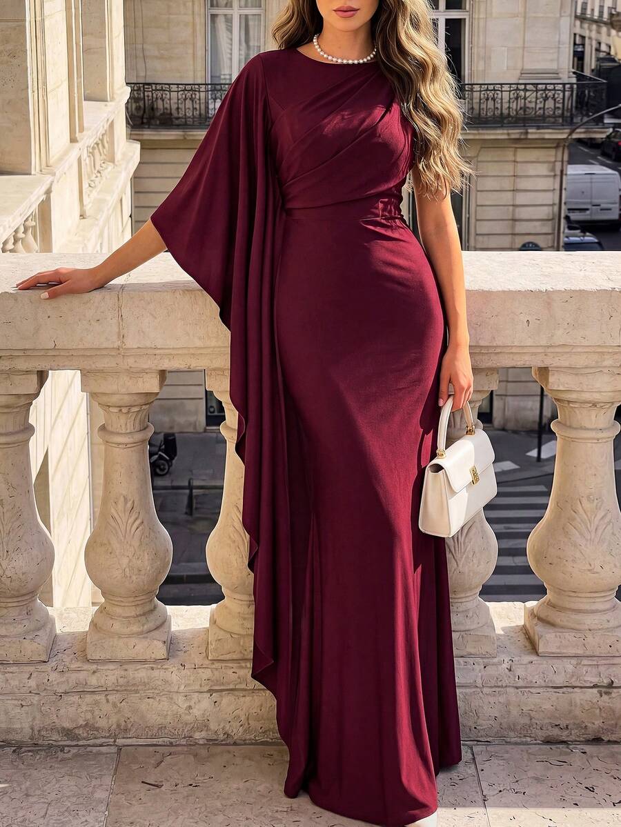 Aloruh Fall Winter,Elegant Luxurious Navy Blue Satin Ruffle Sleeve Sexy Slit Fishtail Bridesmaid Dress Wedding,Party, Wedding ,Fashionable