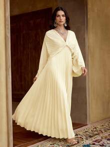 ZEYLAH Women's Solid Color Pleated Casual Elegant Beaded Party Formal Birthday Long Dress Wedding White Summer - Apricot - View 5