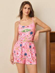 HARRY POTTER X SHEIN Damen Buchstaben Cartoon Muster Cami Top und Shorts Lässig Alltag Haus Schlafanzug Set - Pink - Übersicht 5