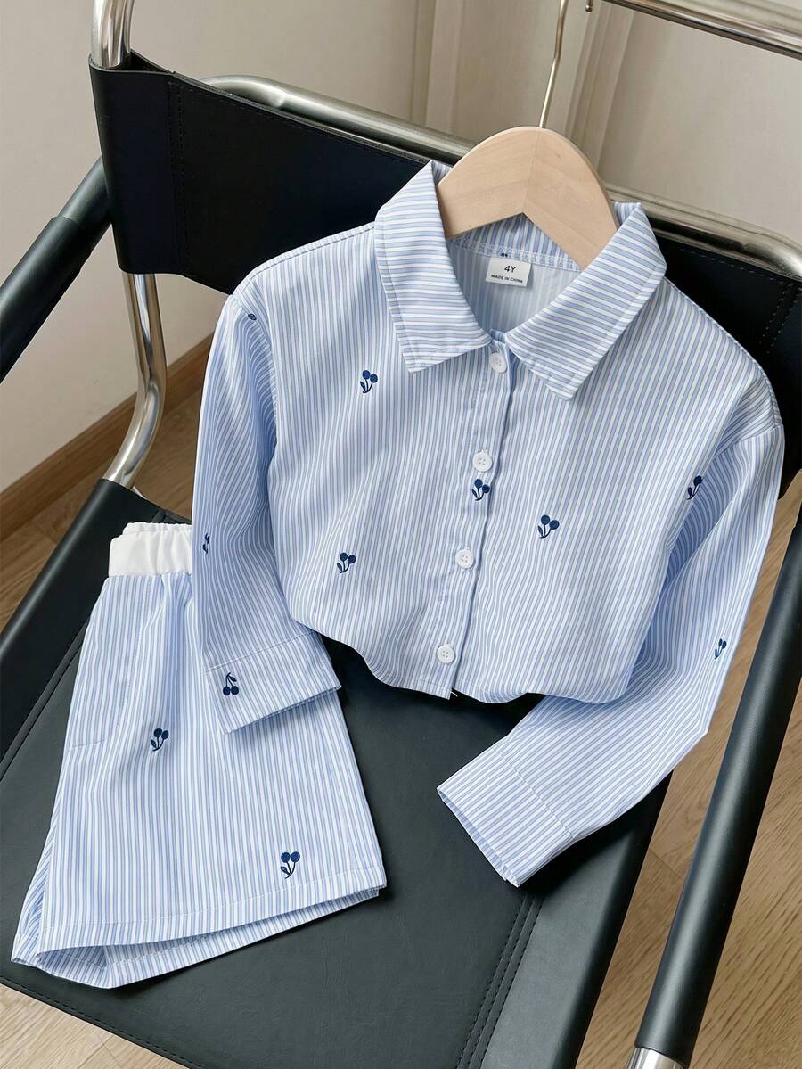 Conjunto Casual de Camisa de Manga Longa com Estampa de Cereja e Listras e Shorts para Menina Jovem, Outono