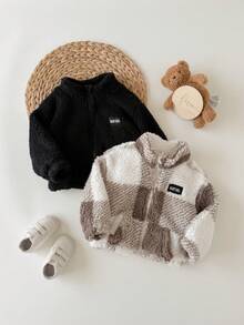 SHEIN 2pcs Jaket Bayi Perempuan Musim Gugur/Musim Dingin Lucu Serbaguna Kasual Berbulu dengan Kerah Tegak - Khaki - View 5