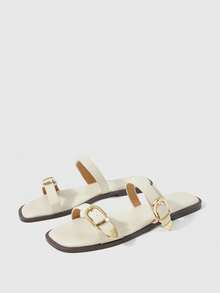 Sleekvia Sepatu Wanita Musim Semi dan Musim Panas Baru Aprikot Ujung Persegi Sandal Datar Nyaman Serbaguna Sandal Luar Ruangan Logam - Aprikot - View 7