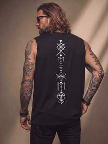 Fenqiro Men's Plus Size Geometric & Letter Graphic Printed Urban Sleeveless Tank Top, For Street Wear - Black - View 1