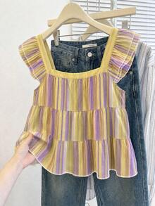 SHEIN Frenchy 女士休闲条纹荷叶边领衬衫，夏季 - 彩色 - 查看 5
