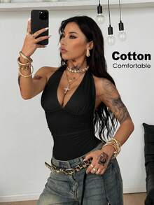 Coolane 女款純色性感掛脖抓褶連身衣 - 黑色 - 查看 5
