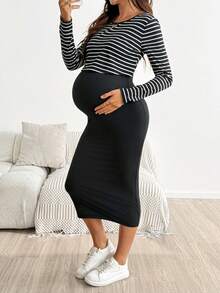 SHEIN Umstandskleid mit Streifen und Farbblock, Stillfunktion, lässig für den Alltag - Schwarz und Weiss - Übersicht 4